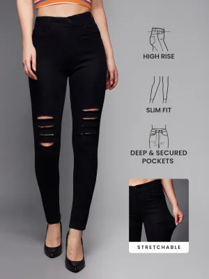 24/7 Comfort Black Slim-Fit High-Rise Distressed Ripped Stretchable Denim Jeans