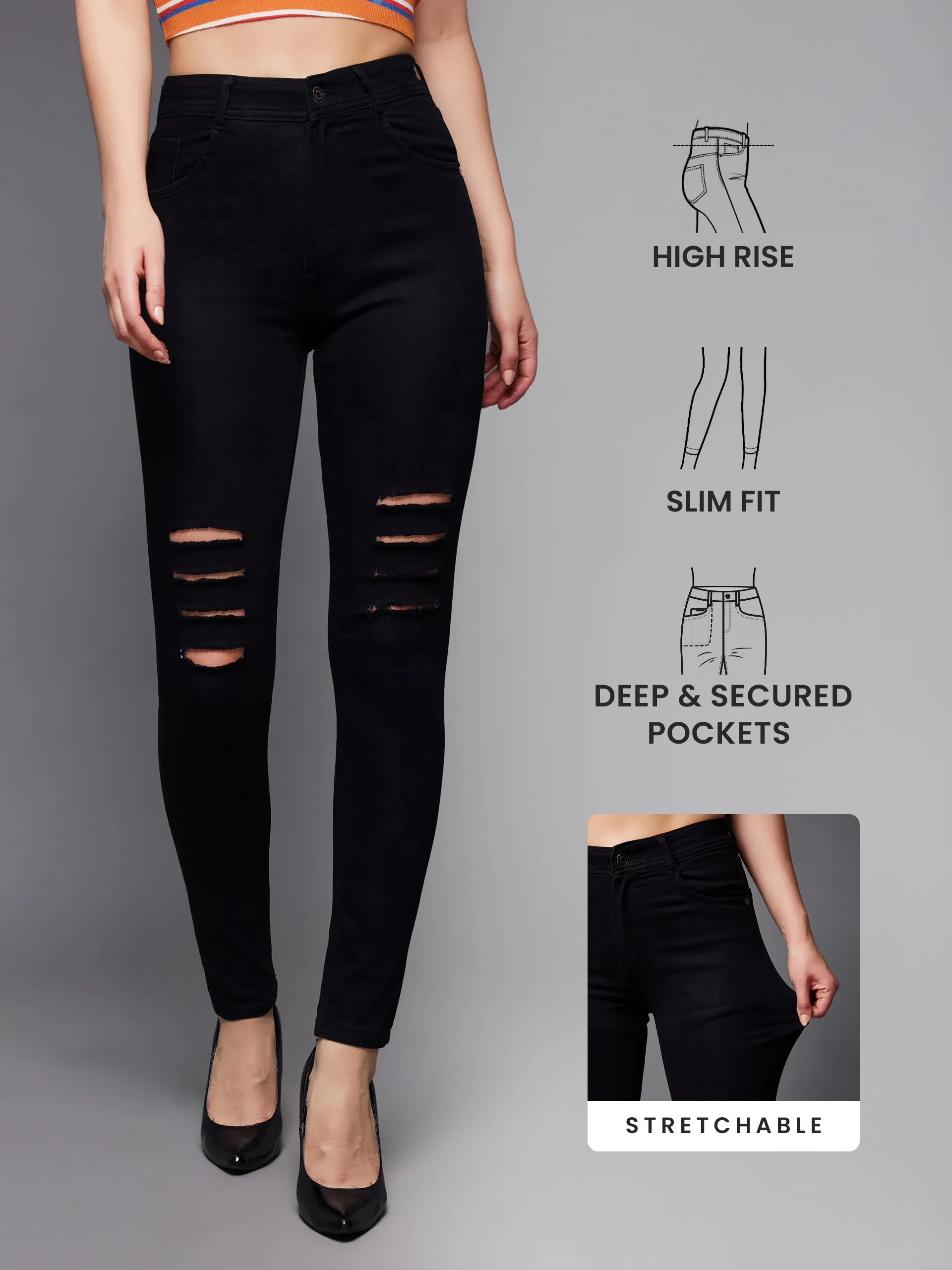 24/7 Comfort Black Slim-Fit High-Rise Distressed Ripped Stretchable Denim Jeans