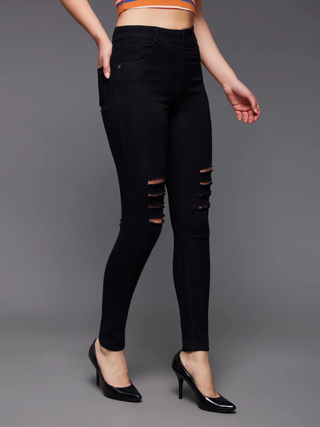 24/7 Comfort Black Slim-Fit High-Rise Distressed Ripped Stretchable Denim Jeans