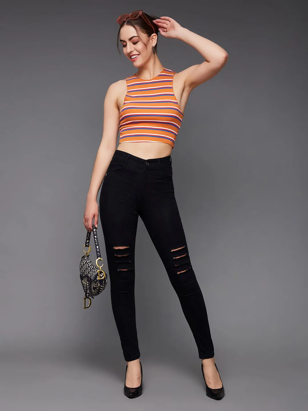 24/7 Comfort Black Slim-Fit High-Rise Distressed Ripped Stretchable Denim Jeans