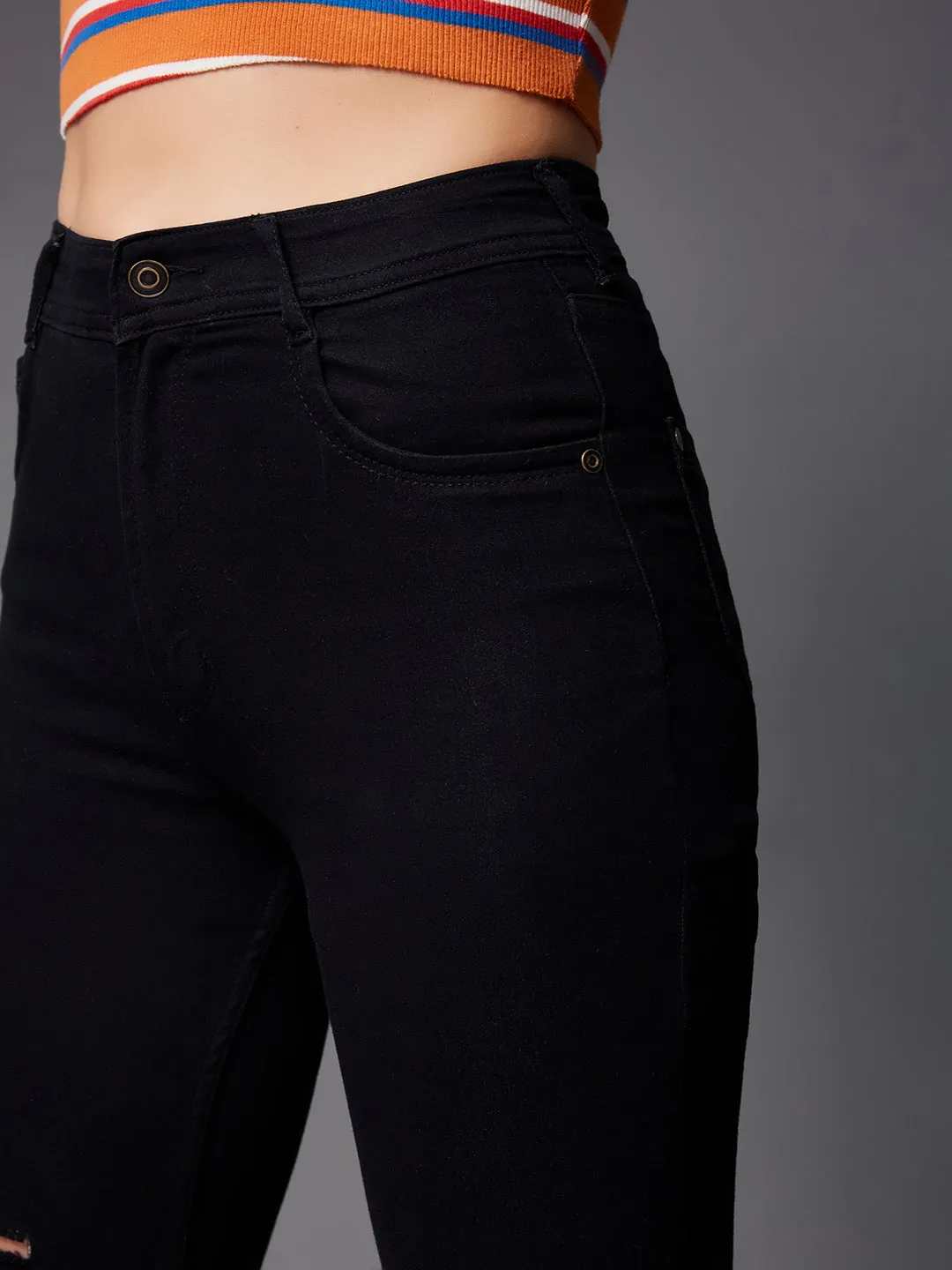 24/7 Comfort Black Slim-Fit High-Rise Distressed Ripped Stretchable Denim Jeans