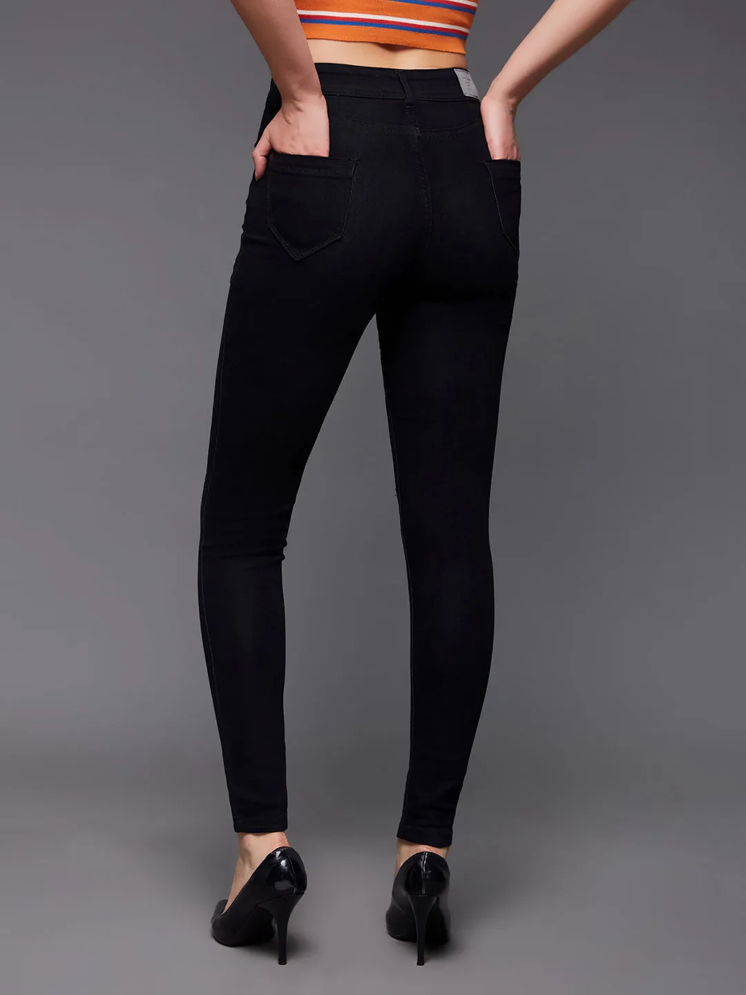 24/7 Comfort Black Slim-Fit High-Rise Distressed Ripped Stretchable Denim Jeans