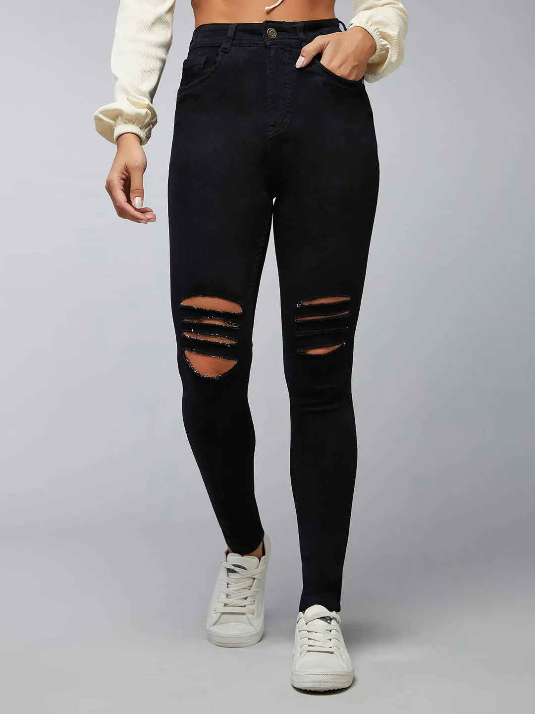 24/7 Comfort Black Slim-Fit High-Rise Mild Distressed Ripped Stretchable Denim Jeans
