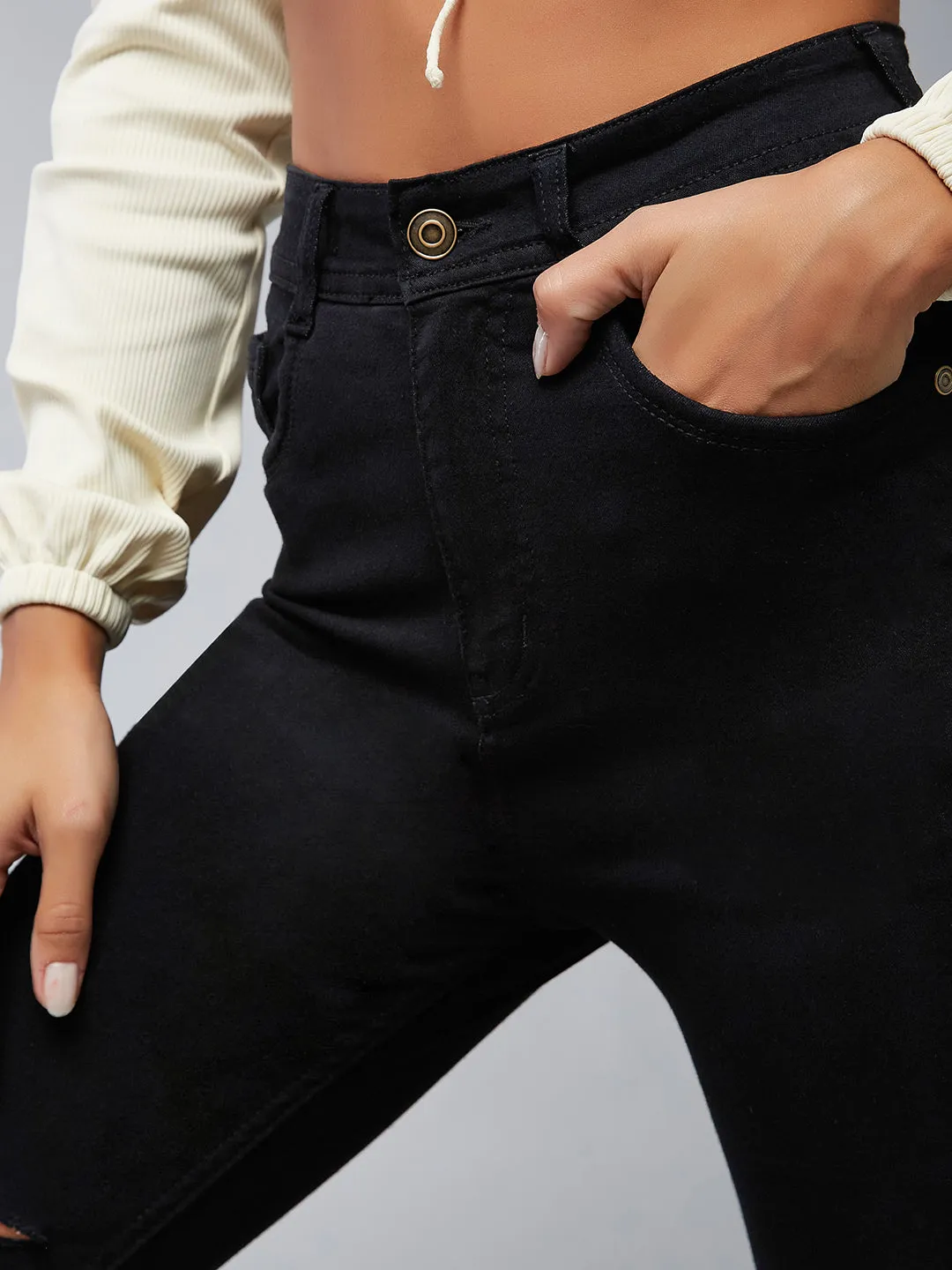 24/7 Comfort Black Slim-Fit High-Rise Mild Distressed Ripped Stretchable Denim Jeans
