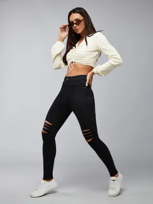24/7 Comfort Black Slim-Fit High-Rise Mild Distressed Ripped Stretchable Denim Jeans
