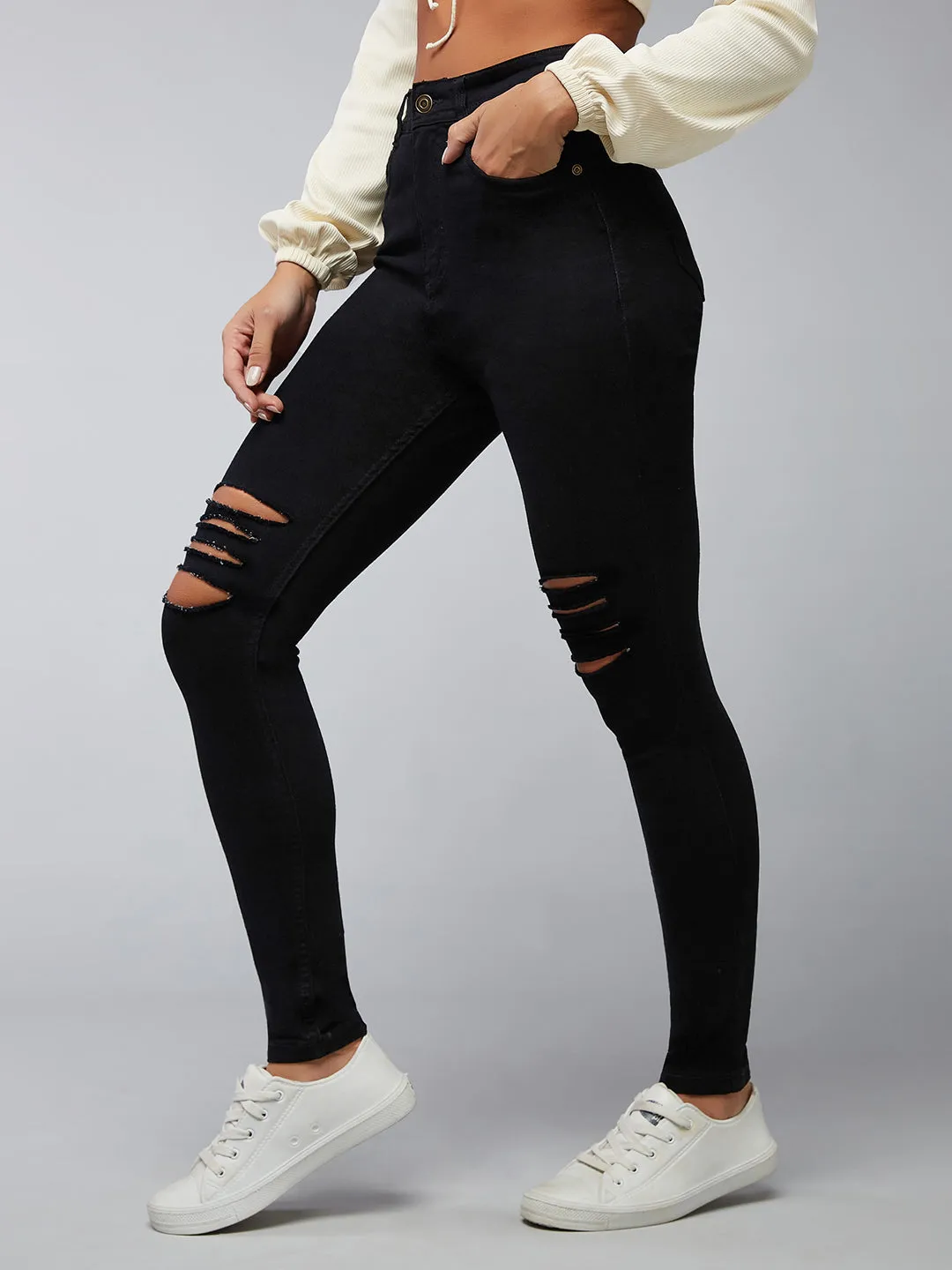 24/7 Comfort Black Slim-Fit High-Rise Mild Distressed Ripped Stretchable Denim Jeans
