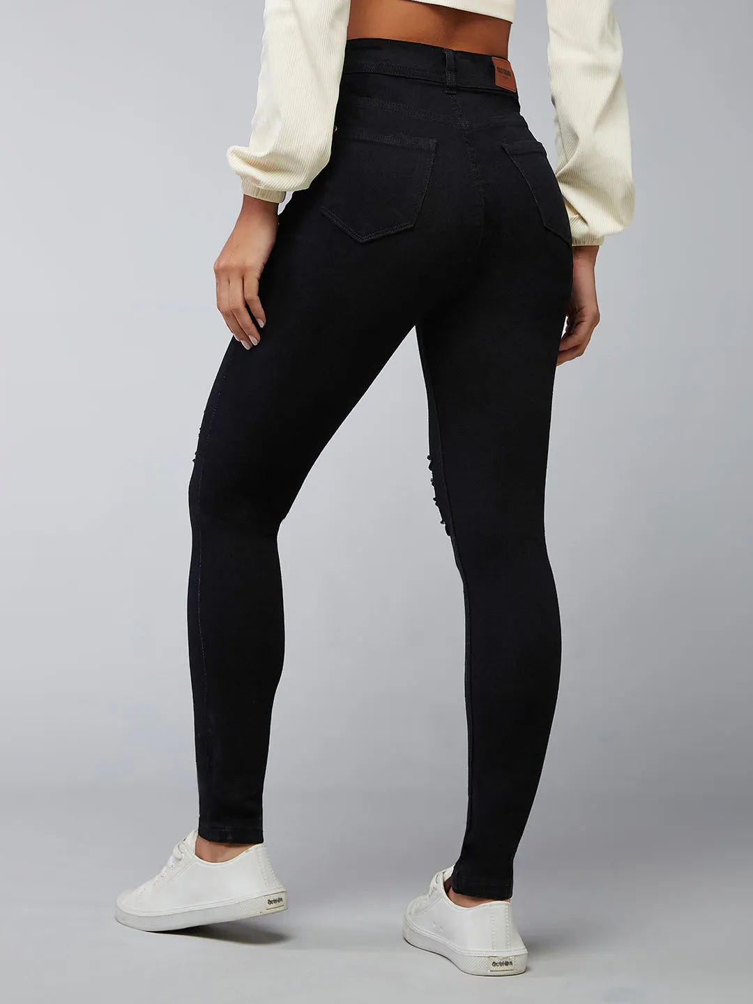 24/7 Comfort Black Slim-Fit High-Rise Mild Distressed Ripped Stretchable Denim Jeans