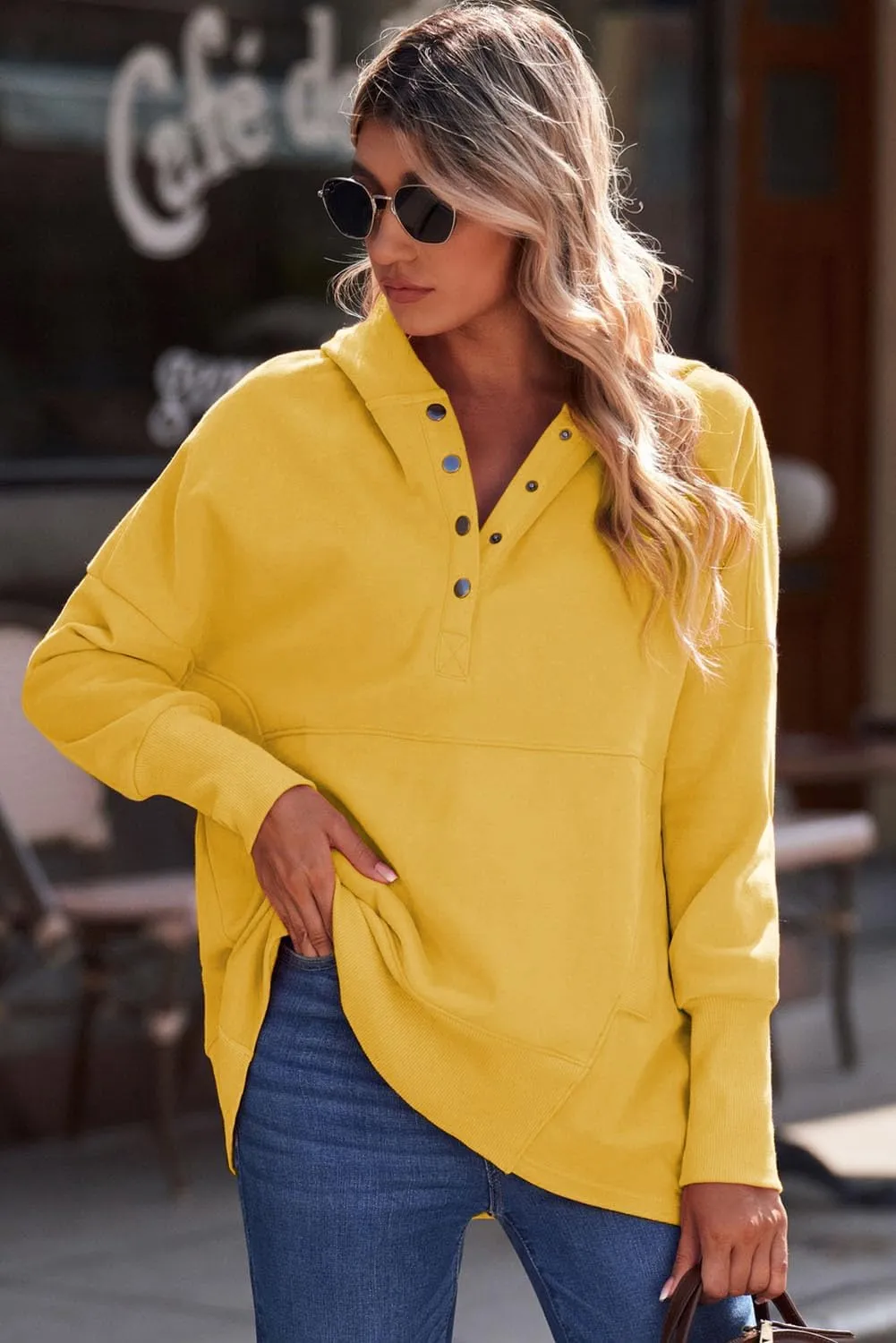 AlvaQ Women Casual Button V Neck Hoodies Oversized Pullover Sweatshirt Hooded Tops with Pockets