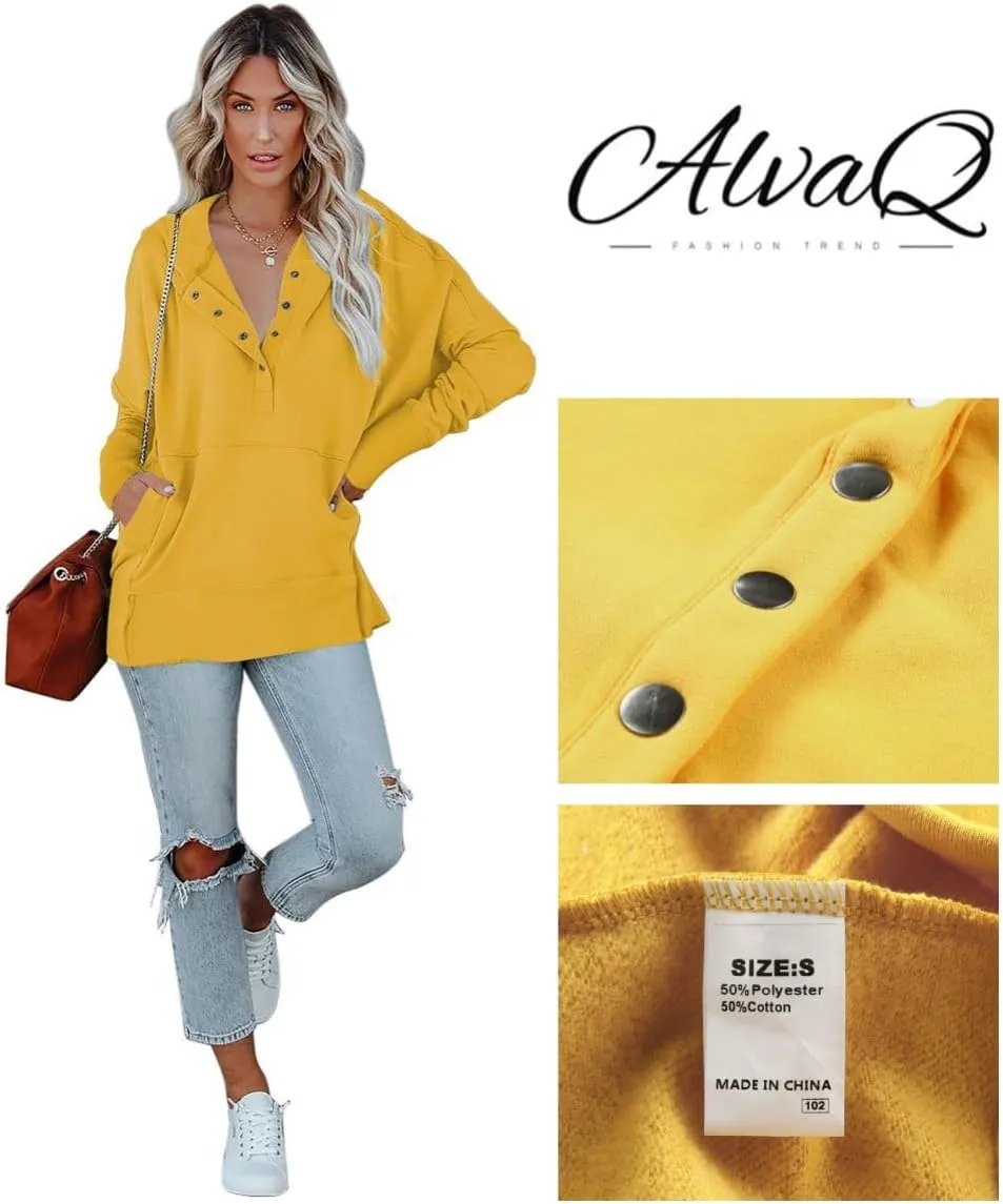 AlvaQ Women Casual Button V Neck Hoodies Oversized Pullover Sweatshirt Hooded Tops with Pockets