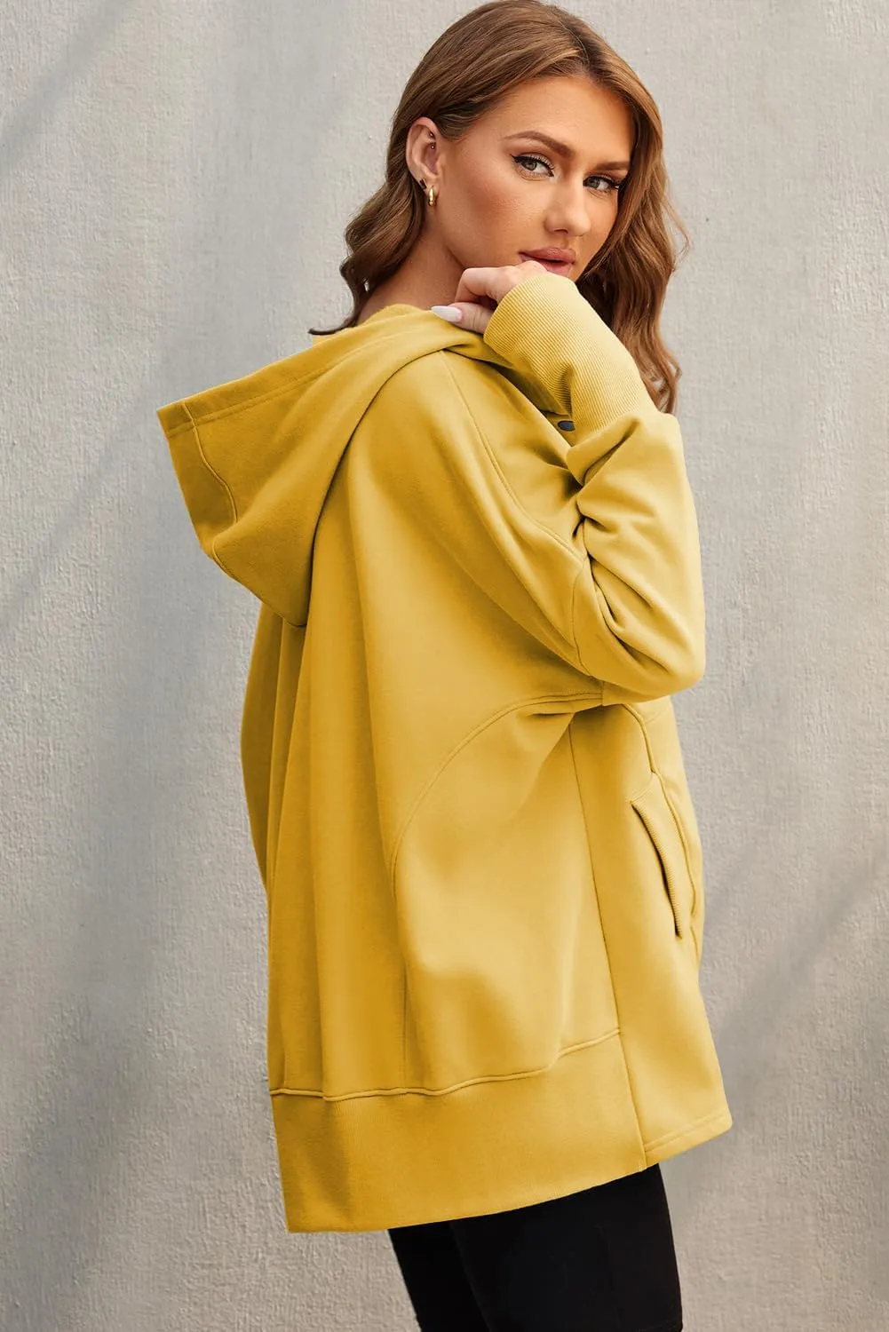 AlvaQ Women Casual Button V Neck Hoodies Oversized Pullover Sweatshirt Hooded Tops with Pockets