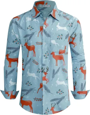 BOJIN Men's Christmas Wrinkle-Free Dress Stretch Long Sleeve Casual Button Down Shirts with Pocket