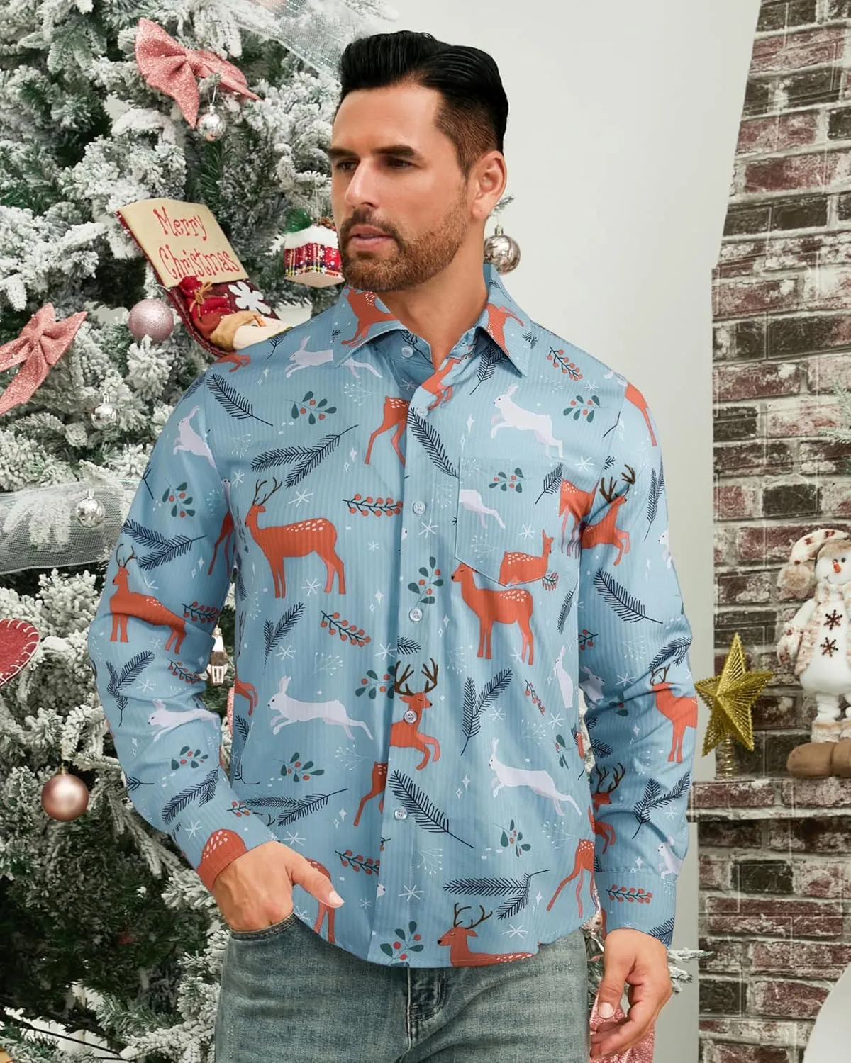 BOJIN Men's Christmas Wrinkle-Free Dress Stretch Long Sleeve Casual Button Down Shirts with Pocket