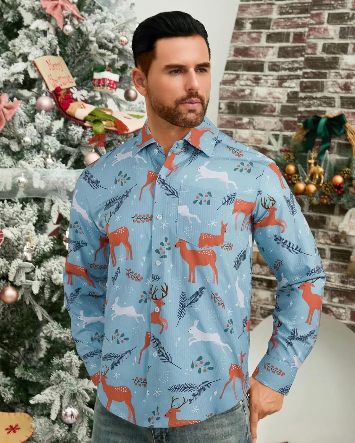 BOJIN Men's Christmas Wrinkle-Free Dress Stretch Long Sleeve Casual Button Down Shirts with Pocket