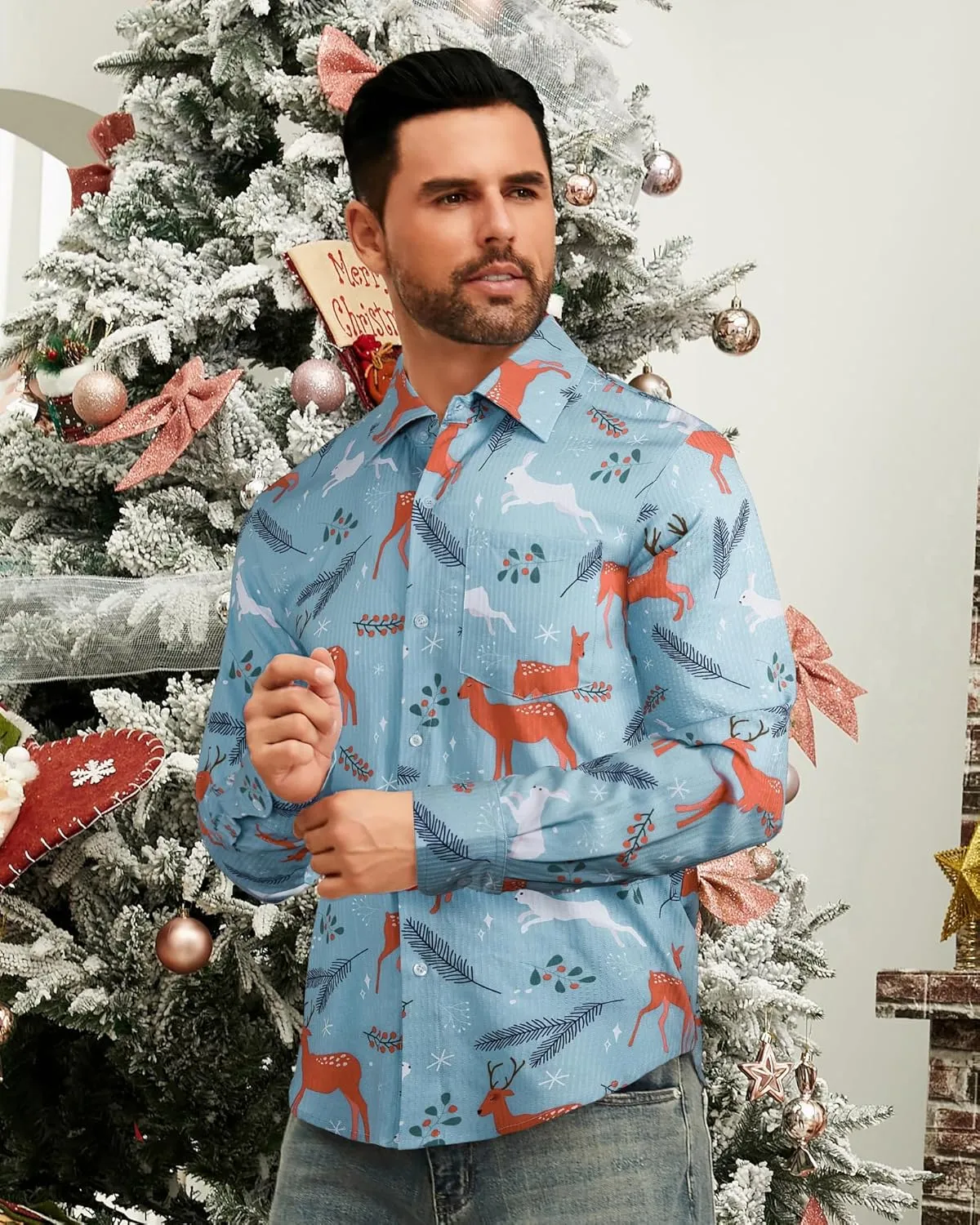 BOJIN Men's Christmas Wrinkle-Free Dress Stretch Long Sleeve Casual Button Down Shirts with Pocket
