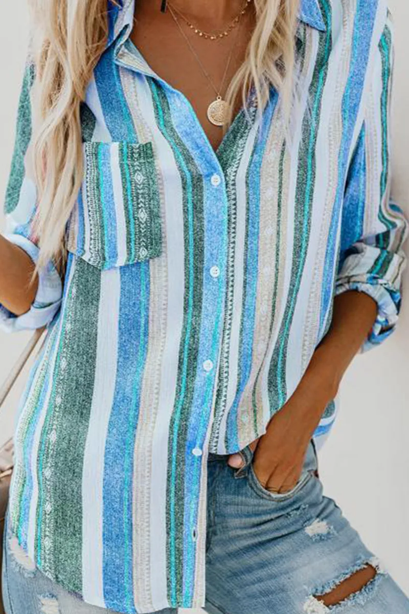 Casual Striped Patchwork Turndown Collar Tops(8 colors)