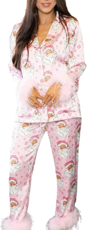 Christmas Pajamas Women Set Long Sleeve Button Down Shirt and Pants 2Pcs Pjs Sets Sleepwear Holiday Loungewear