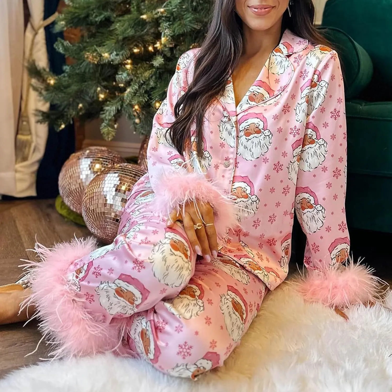 Christmas Pajamas Women Set Long Sleeve Button Down Shirt and Pants 2Pcs Pjs Sets Sleepwear Holiday Loungewear