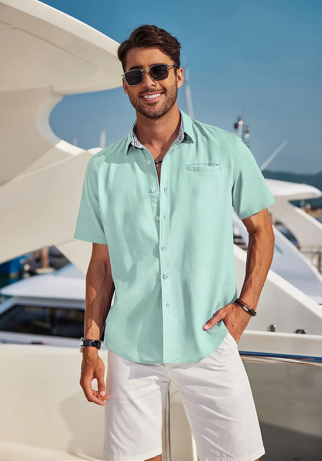 COOFANDY Men's Casual Linen Shirts Short Sleeve Button Down Shirt Summer Beach Tops