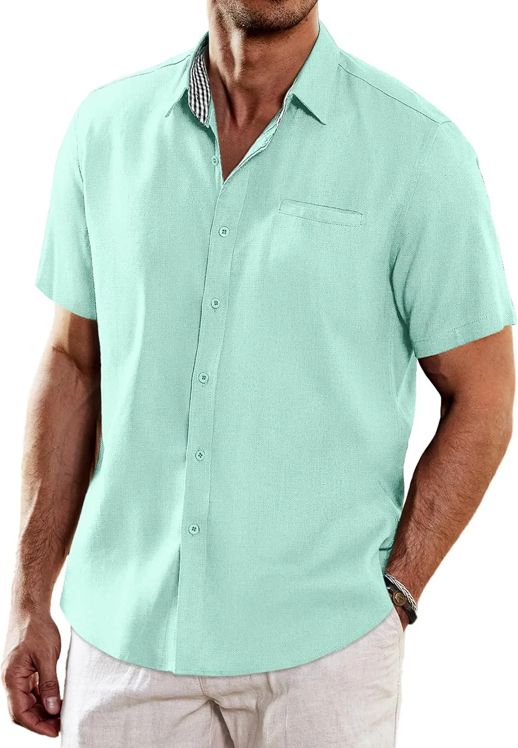COOFANDY Men's Casual Linen Shirts Short Sleeve Button Down Shirt Summer Beach Tops