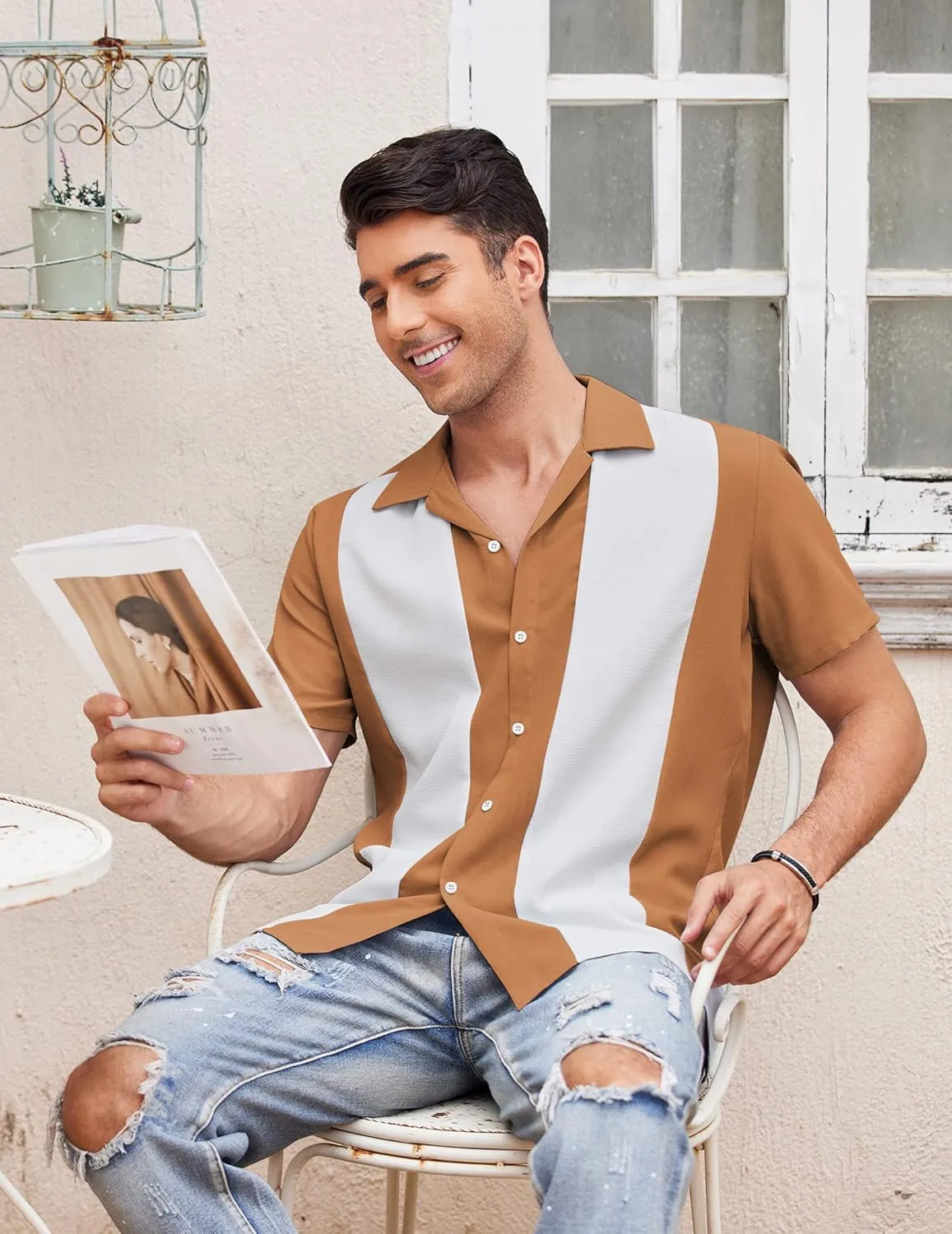 COOFANDY Men's Vintage Bowling Shirt Short Sleeve Button Down Summer Cuba Beach Shirts