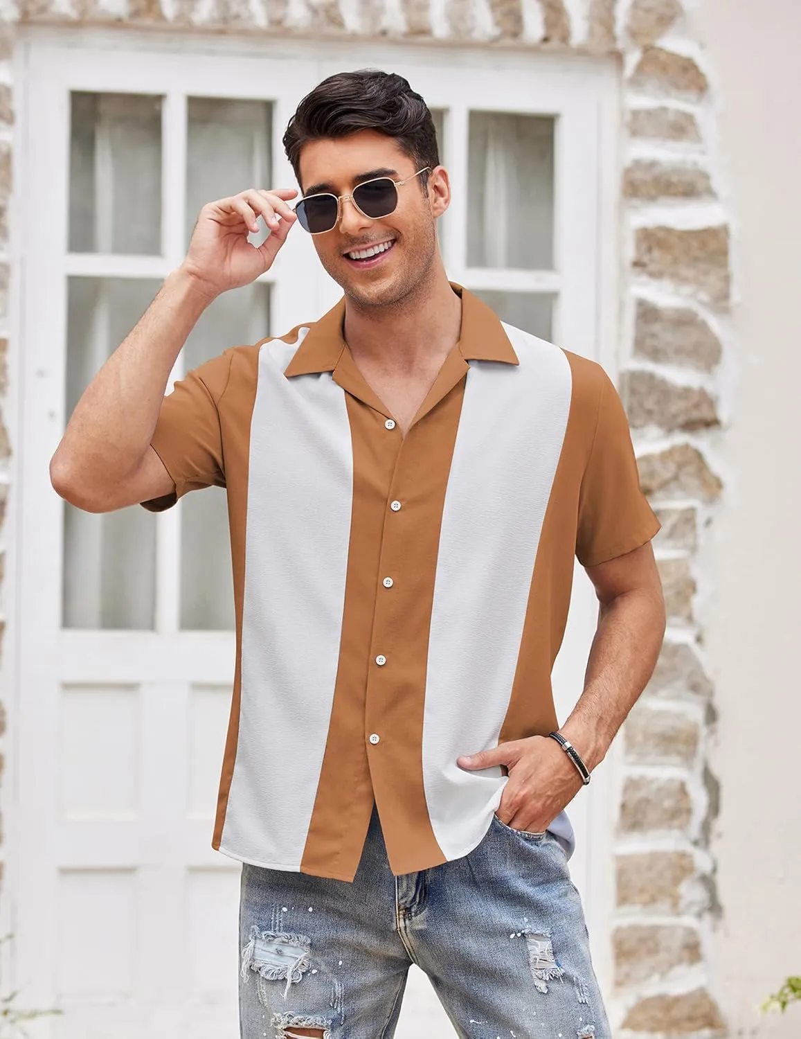 COOFANDY Men's Vintage Bowling Shirt Short Sleeve Button Down Summer Cuba Beach Shirts