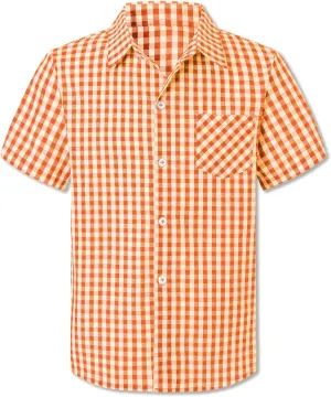 Cromoncent Boys and Mens Summer Plaid Shirt Casual Short Sleeve Button Down Shirts