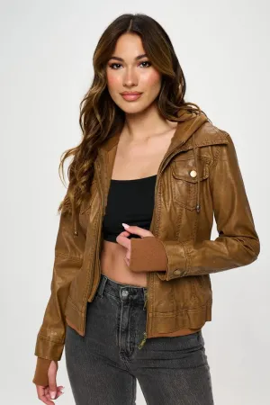 Double Zip Hooded Vegan Leather Jacket  Stylish & Functional Outerwear