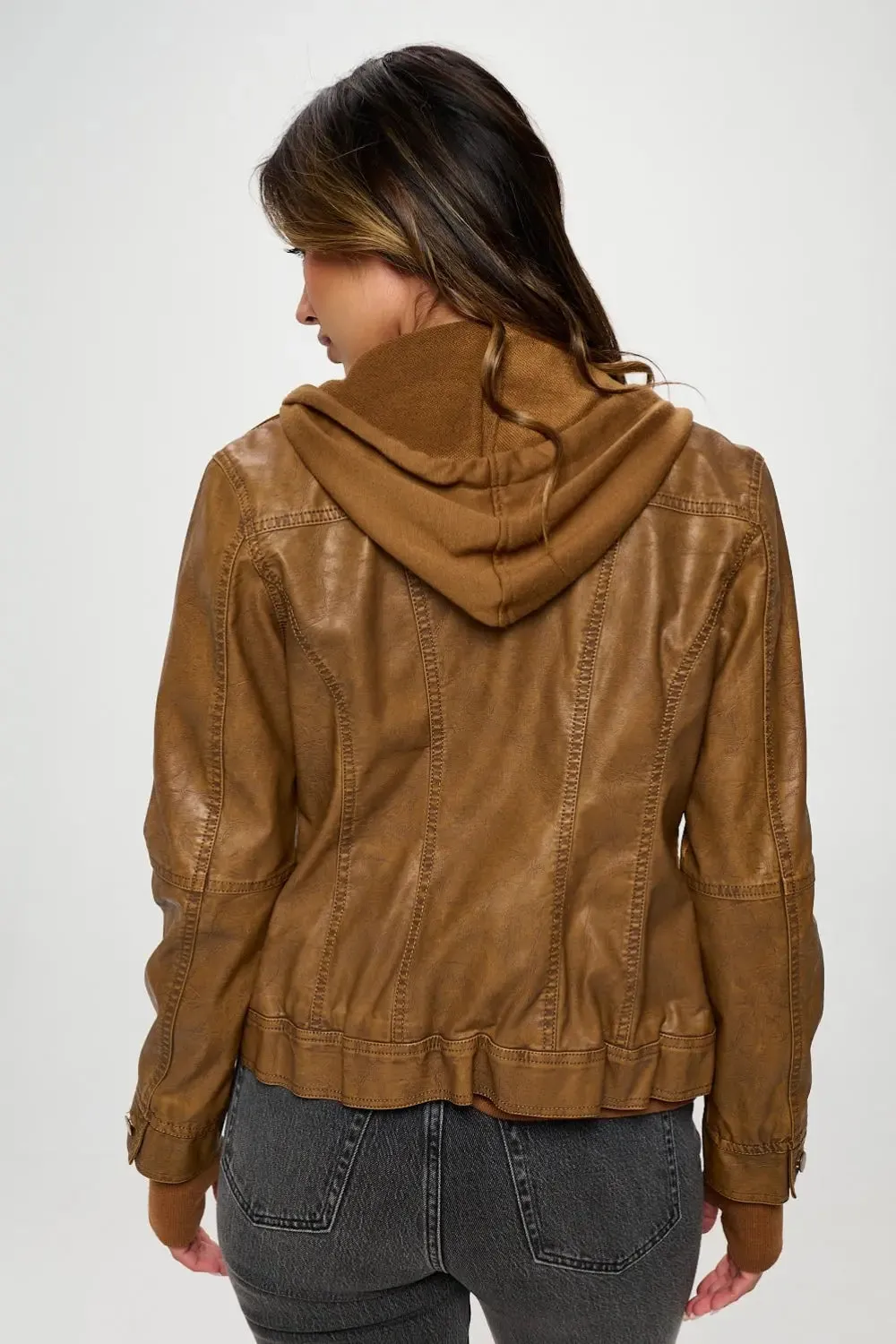 Double Zip Hooded Vegan Leather Jacket  Stylish & Functional Outerwear