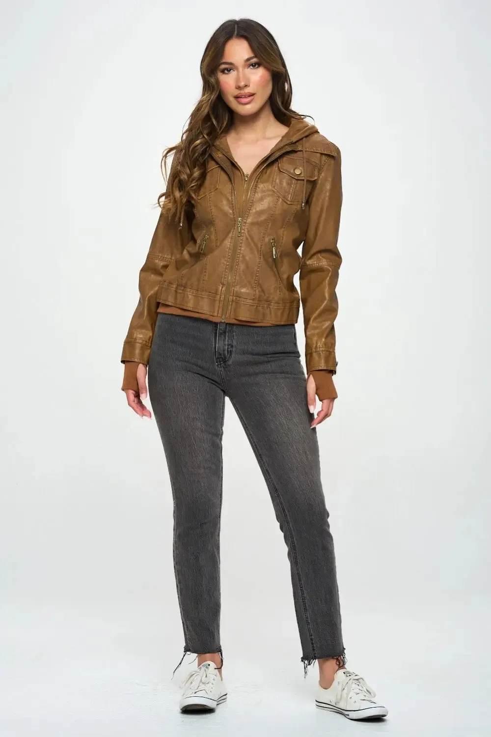 Double Zip Hooded Vegan Leather Jacket  Stylish & Functional Outerwear