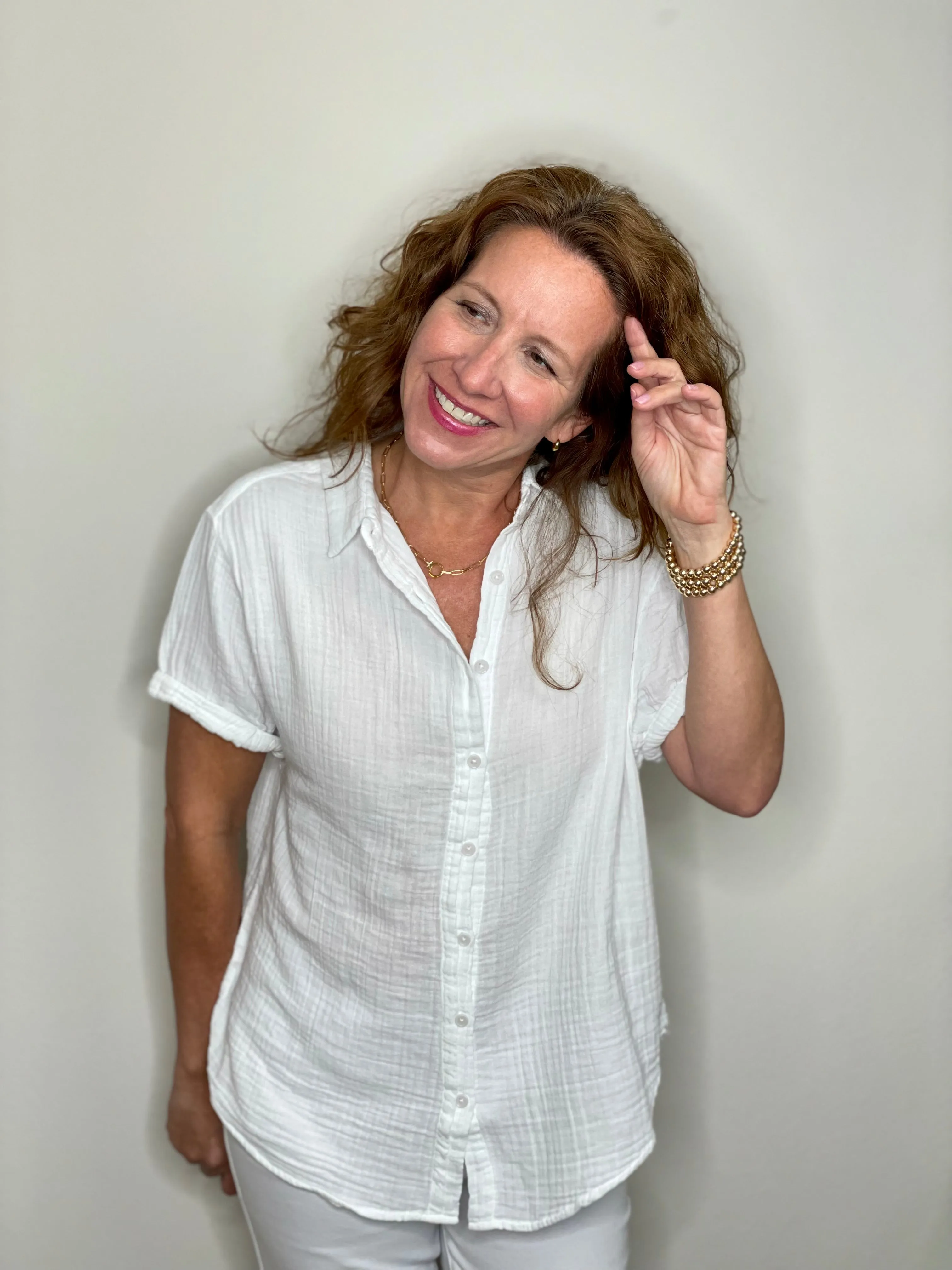 Dylan Gauze Short Sleeve Button Up in White