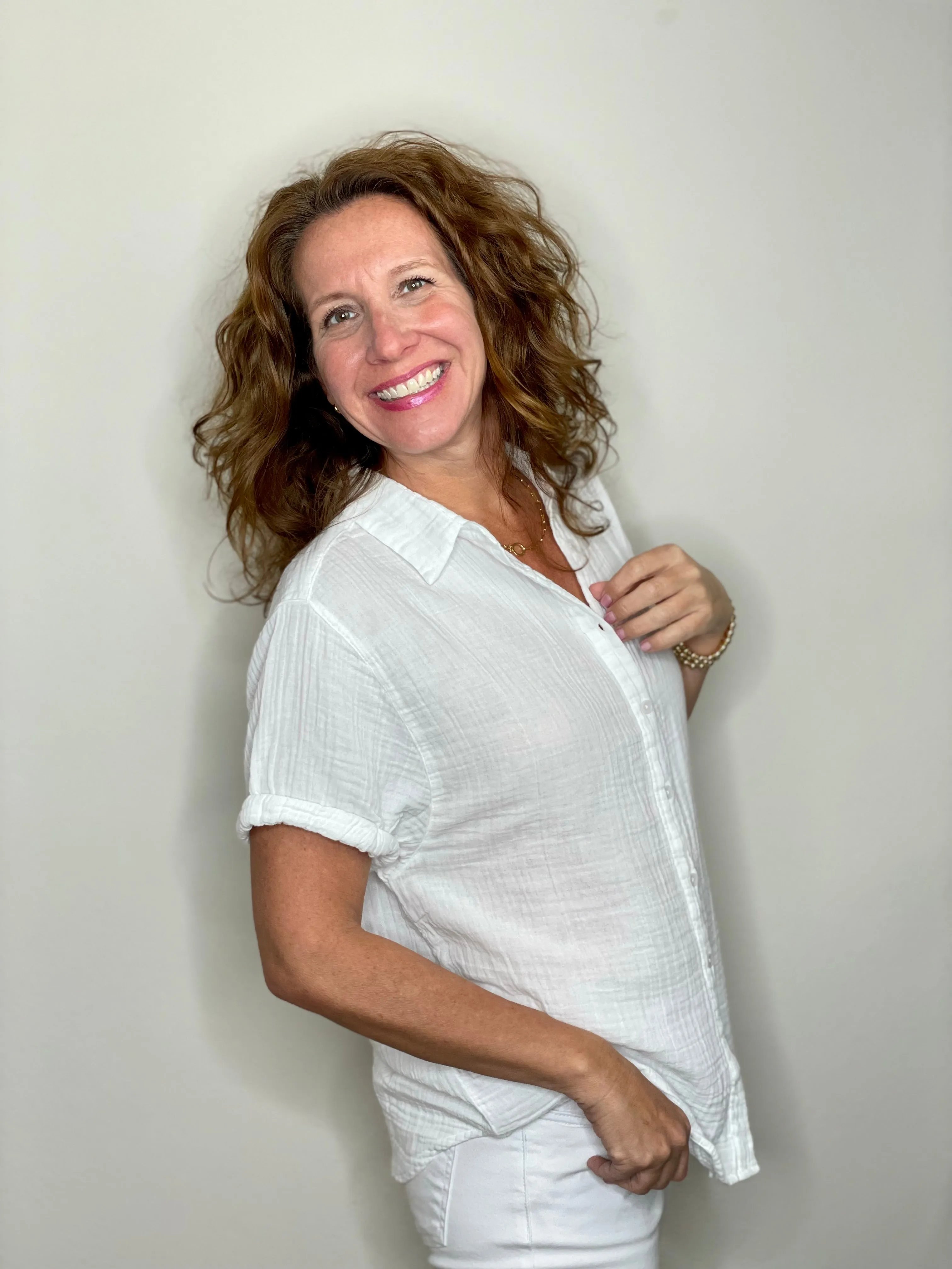 Dylan Gauze Short Sleeve Button Up in White