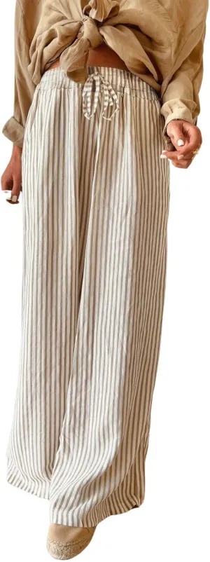 ebossy Women's Striped Drawstring Pants Wide Leg High Waist Long Palazzo Trousers with Pockets