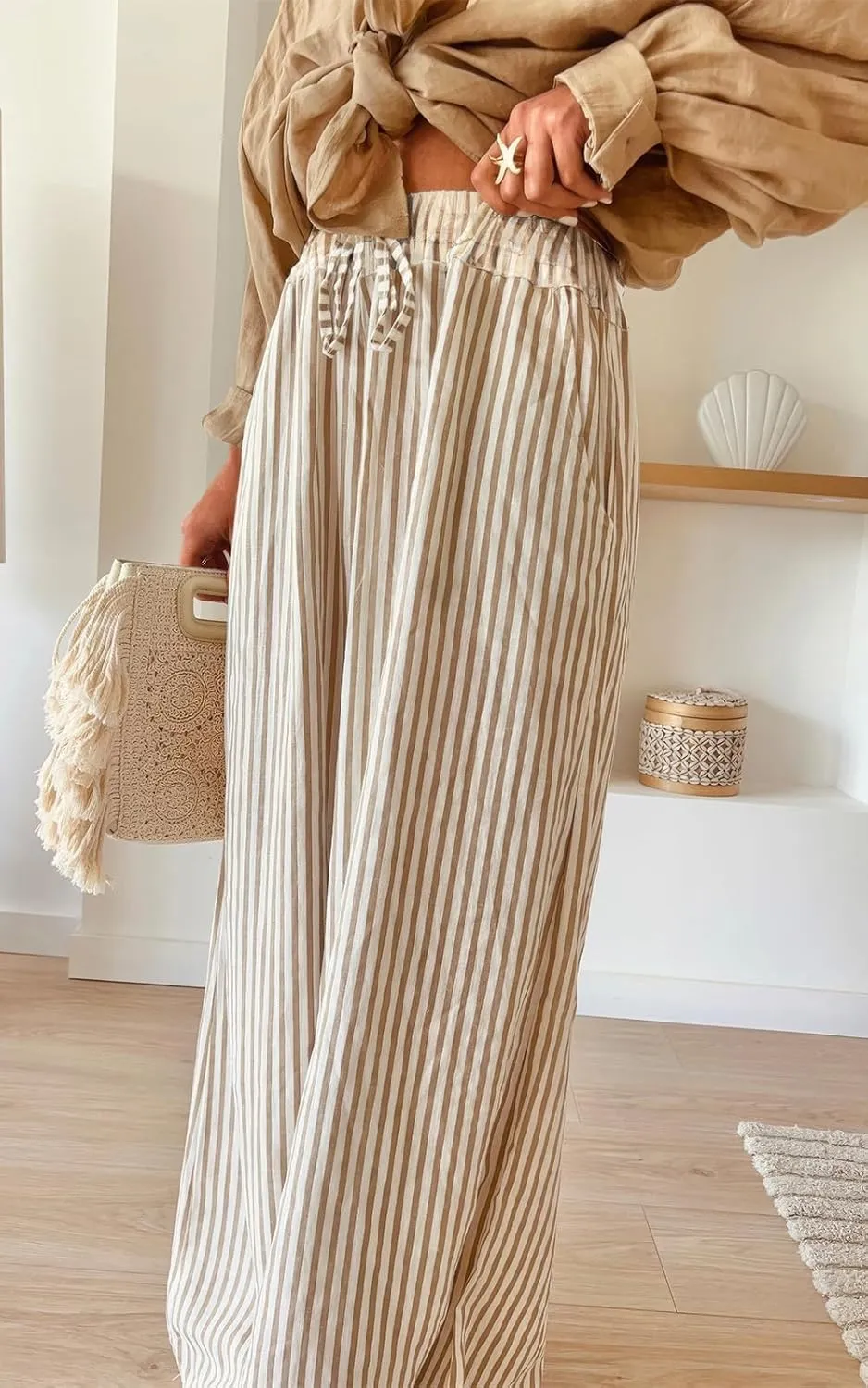 ebossy Women's Striped Drawstring Pants Wide Leg High Waist Long Palazzo Trousers with Pockets