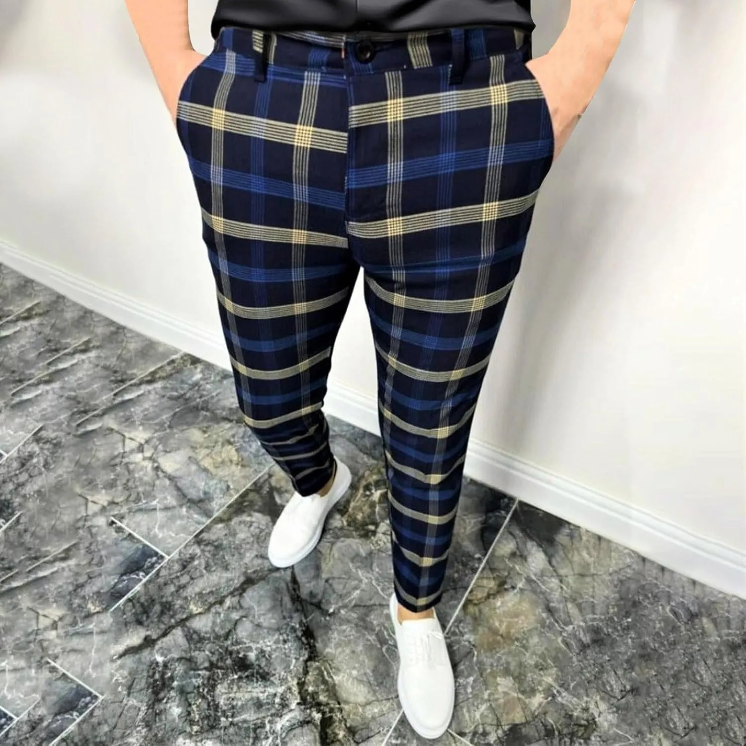 Finelylove Mens Dress Pants Slim Fit Flat Front Casual Plaid Pants Stretch Tapered Business Work Pants Chino Trousers