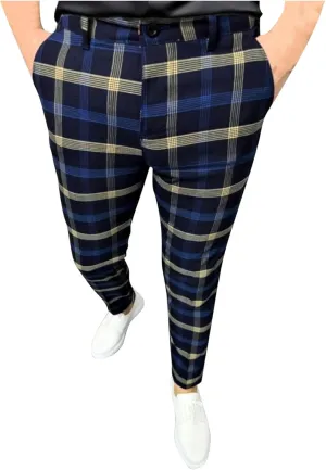 Finelylove Mens Dress Pants Slim Fit Flat Front Casual Plaid Pants Stretch Tapered Business Work Pants Chino Trousers