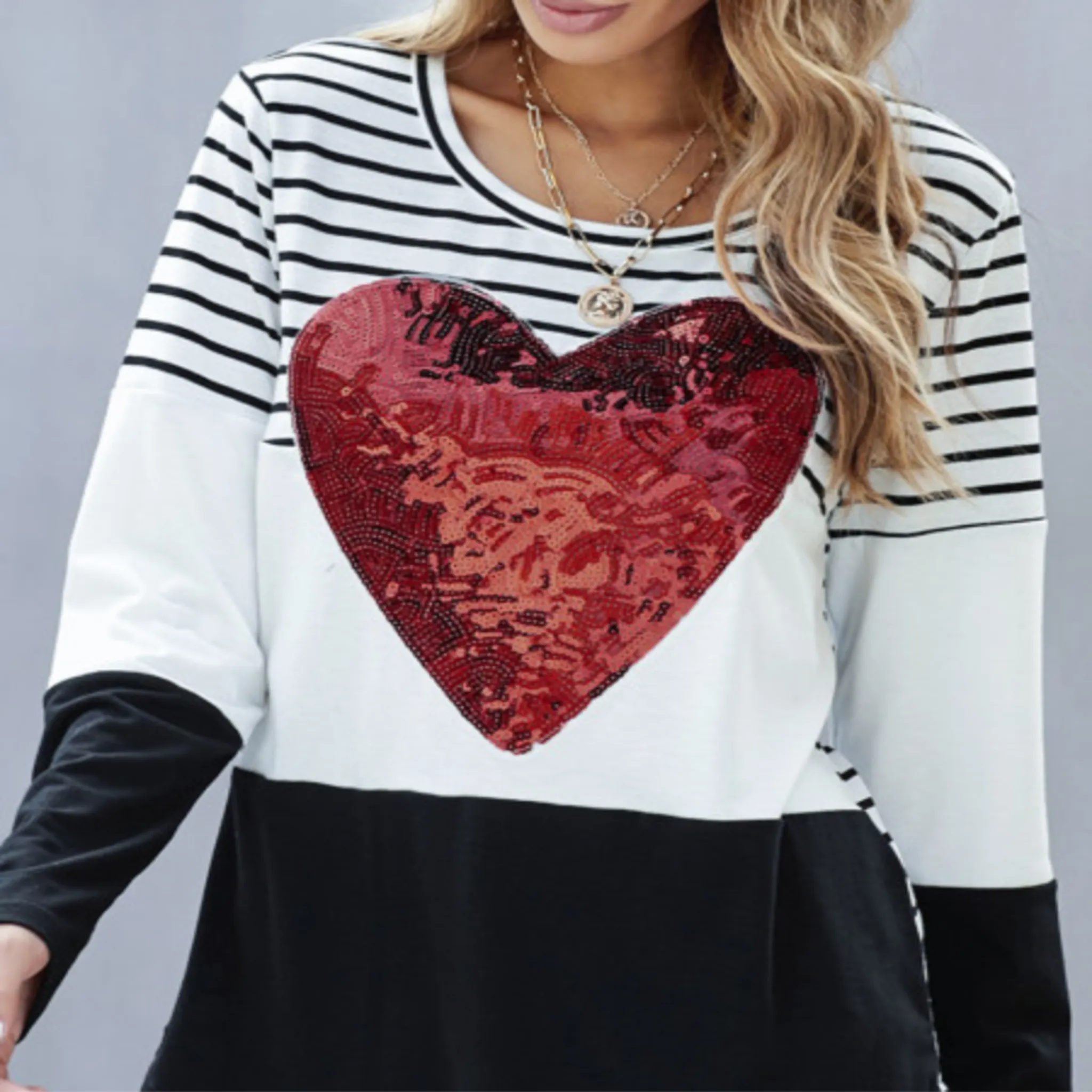 Heart Sequins Striped Long Sleeve Top