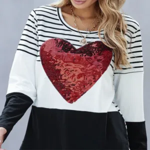 Heart Sequins Striped Long Sleeve Top