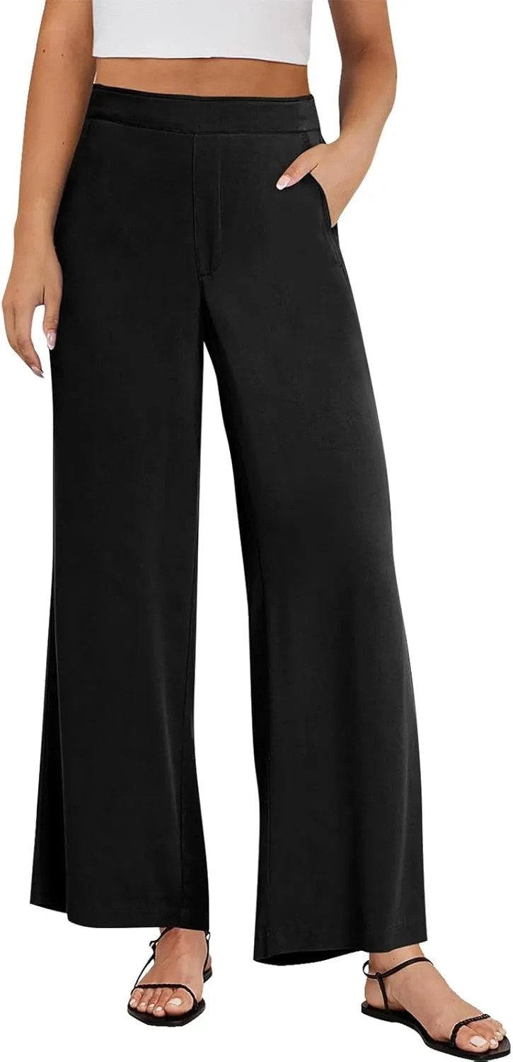 High Waisted Work Pants Women Linen Wide Leg Pants Elastic Waist Business Casual Dress Pants Baggy Summer Trousers
