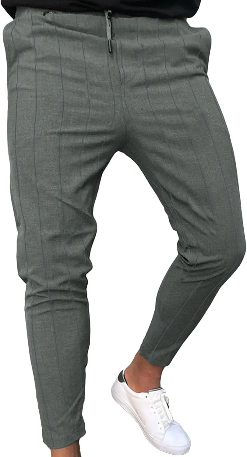 JEShifangjiusu Mens Chinos Casual Pants Slim Fit Stretch Flat Front Plaid Dress Pants Skinny Drawstring Business Trousers