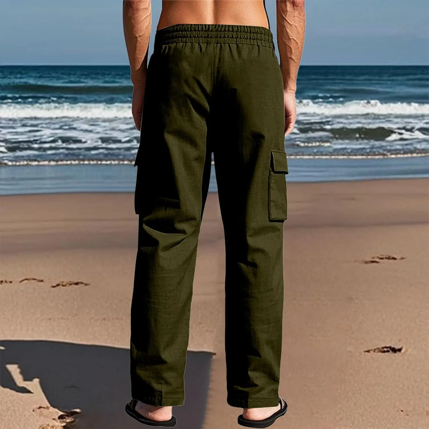 Linen Pants for Men Loose Fit Summer Elastic Waist Wide Leg Men's Pants Dress Drawstring Beach Casual Lounge Trousers