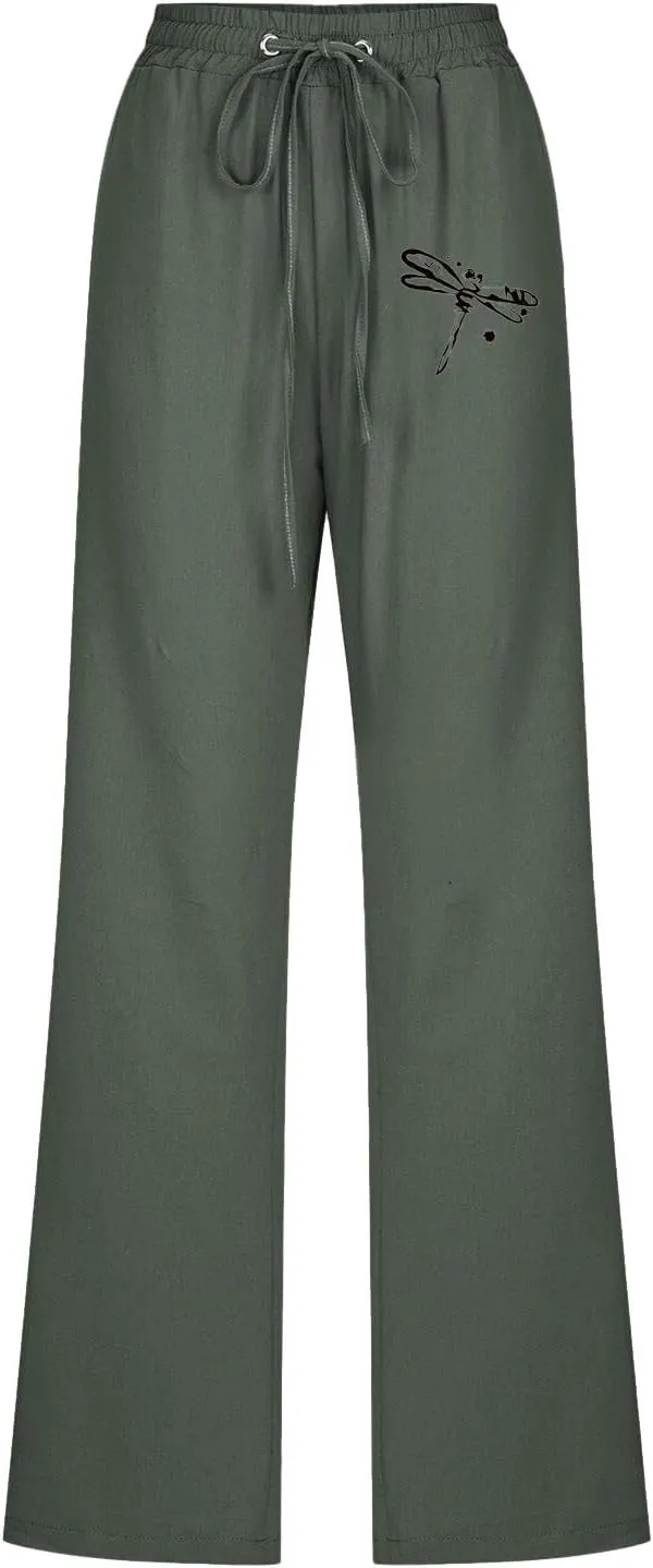 Linen Pants Women Long Straight Leg Loose Comfy Trousers High Waist Drawstring Summer Lounge Beach Soft Sweatpants
