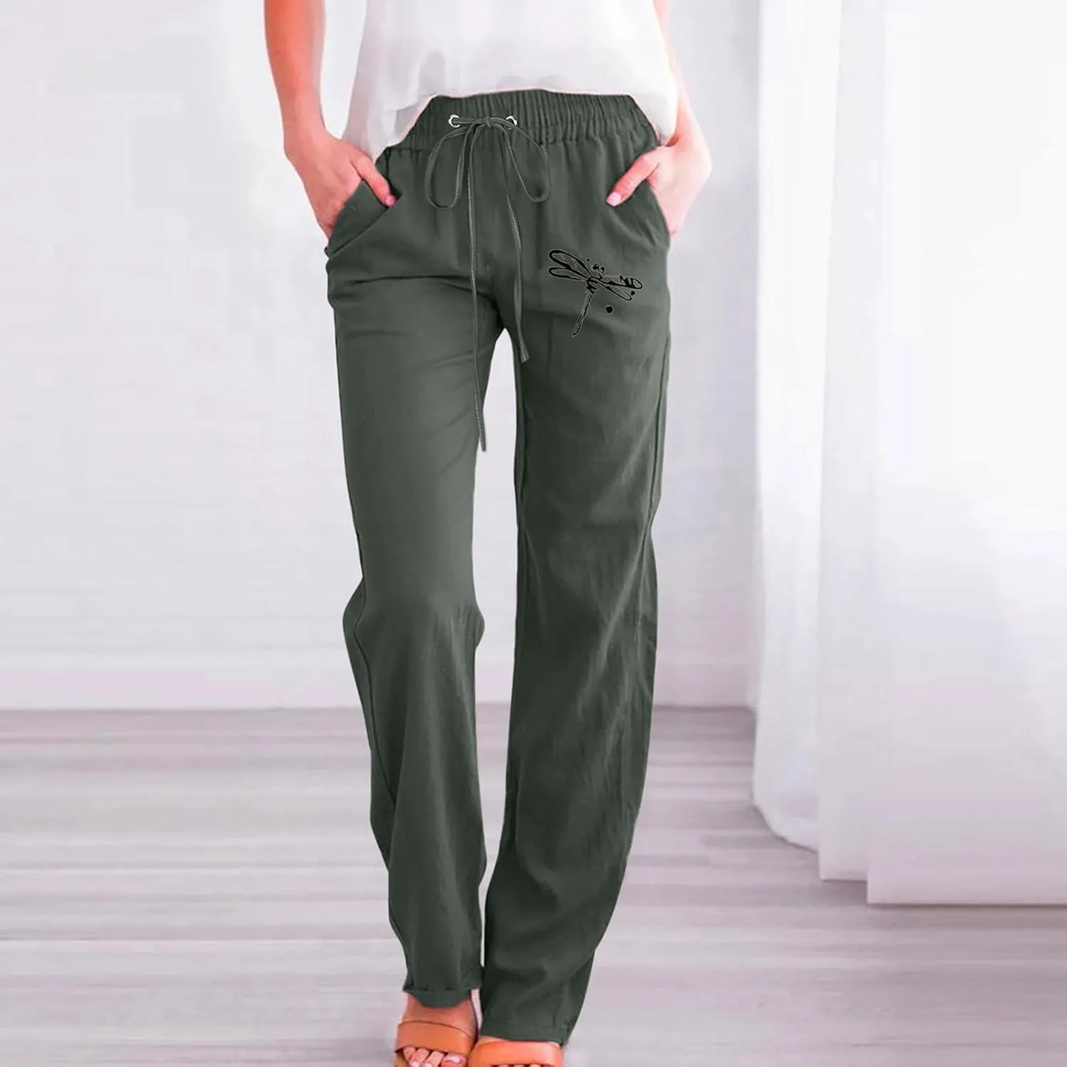 Linen Pants Women Long Straight Leg Loose Comfy Trousers High Waist Drawstring Summer Lounge Beach Soft Sweatpants