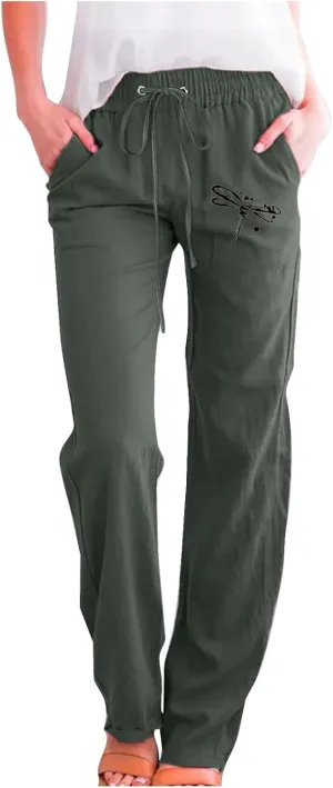 Linen Pants Women Long Straight Leg Loose Comfy Trousers High Waist Drawstring Summer Lounge Beach Soft Sweatpants
