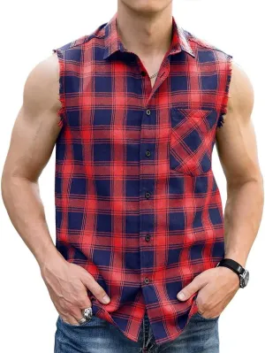 LOGEEYAR Men's Sleeveless Shirt Plaid Flannel Button Down Casual Vest Shirts