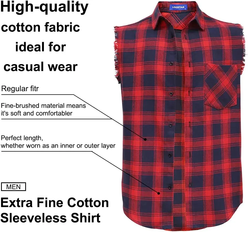 LOGEEYAR Men's Sleeveless Shirt Plaid Flannel Button Down Casual Vest Shirts