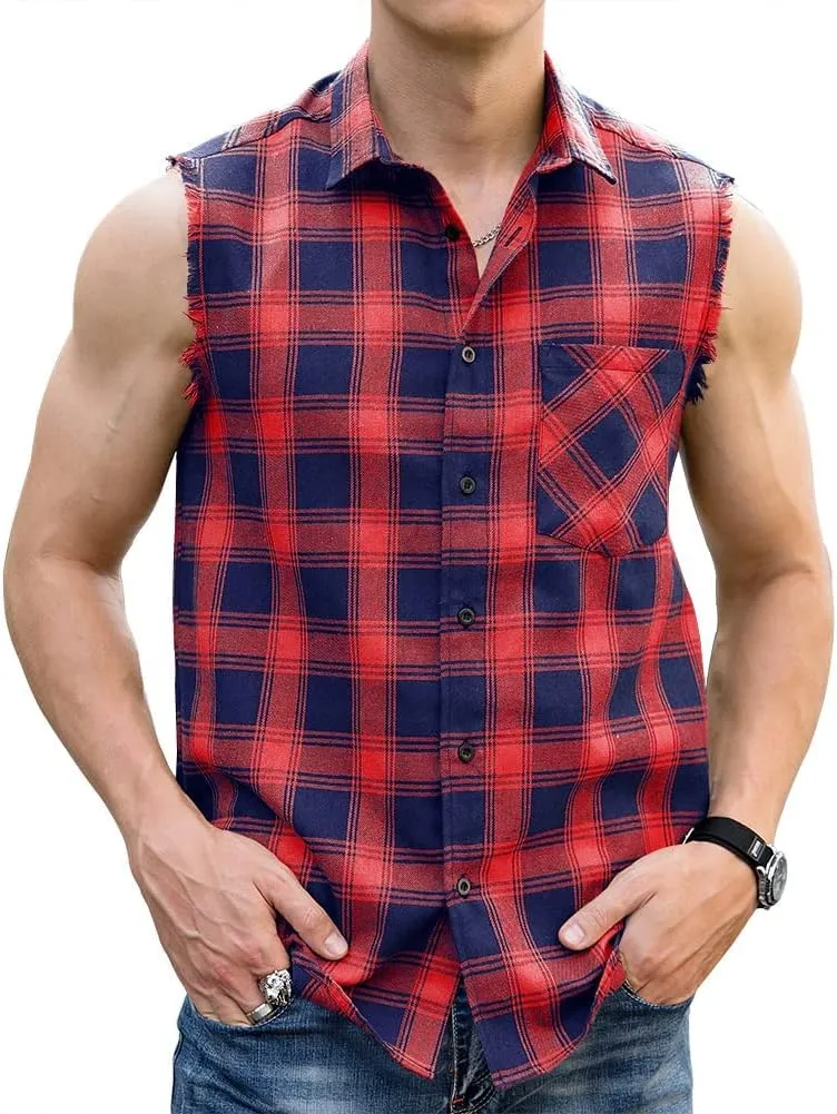 LOGEEYAR Men's Sleeveless Shirt Plaid Flannel Button Down Casual Vest Shirts