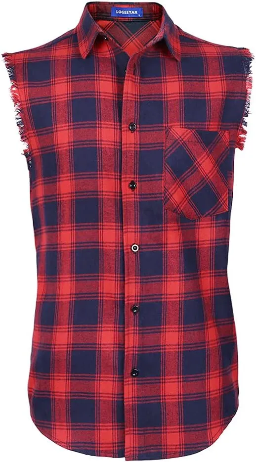 LOGEEYAR Men's Sleeveless Shirt Plaid Flannel Button Down Casual Vest Shirts