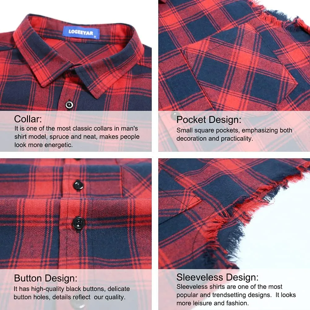 LOGEEYAR Men's Sleeveless Shirt Plaid Flannel Button Down Casual Vest Shirts