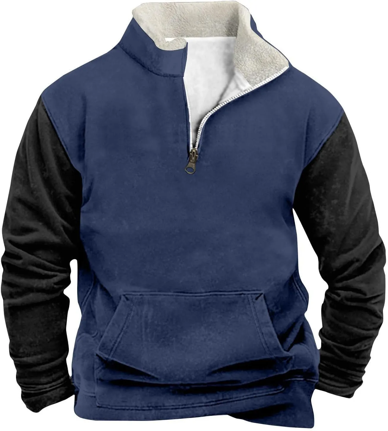 Men's Autumn Winter Sweatshirt Plush Stand Collar Tops Half Zipper Patchwork Pullover Fashion Casual Long Sleeve Top