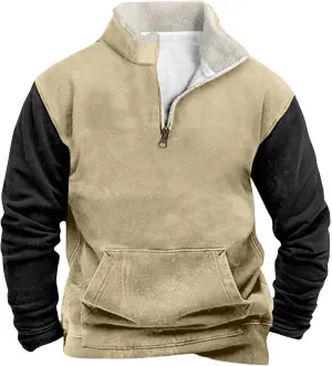Men's Autumn Winter Sweatshirt Plush Stand Collar Tops Half Zipper Patchwork Pullover Fashion Casual Long Sleeve Top